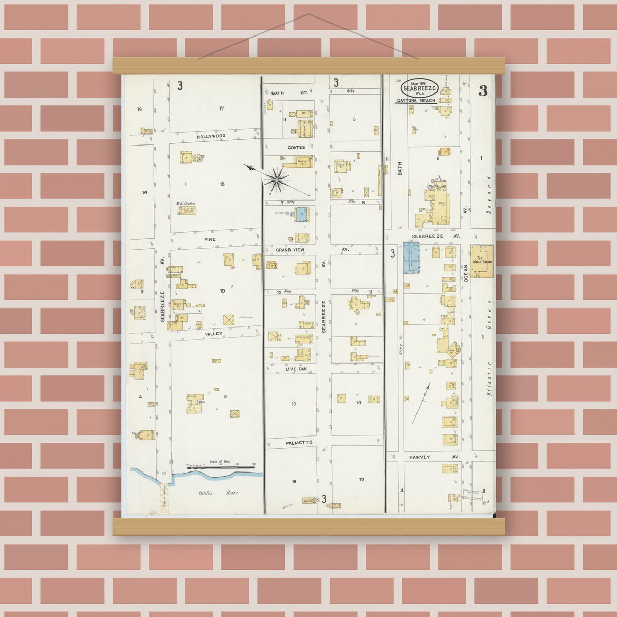 Old map wall art mockup — magnetic wood frame on brick wall — Sanborn Fire Insurance Map from Seabreeze, Volusia County, Florida (1906), Sheet #0003