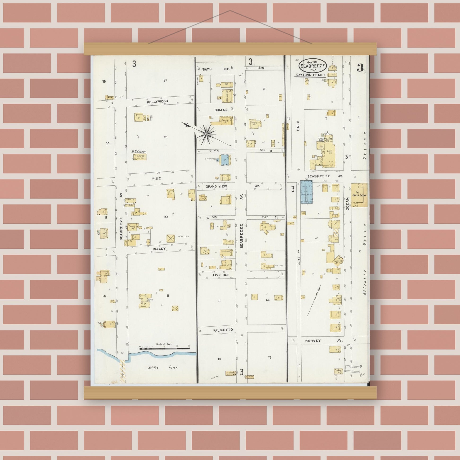 Old map wall art mockup — magnetic wood frame on brick wall — Sanborn Fire Insurance Map from Seabreeze, Volusia County, Florida (1906), Sheet #0003