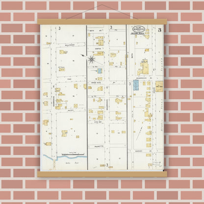 Old map wall art mockup — magnetic wood frame on brick wall — Sanborn Fire Insurance Map from Seabreeze, Volusia County, Florida (1906), Sheet #0003