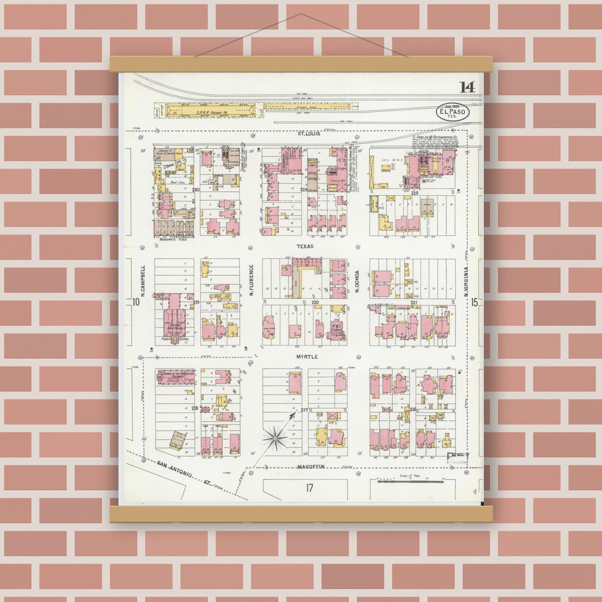 Old map wall art mockup — magnetic wood frame on brick wall — Sanborn Fire Insurance Map from El Paso, El Paso County, Texas (1900), Sheet #0014