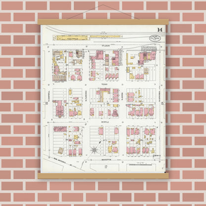 Old map wall art mockup — magnetic wood frame on brick wall — Sanborn Fire Insurance Map from El Paso, El Paso County, Texas (1900), Sheet #0014