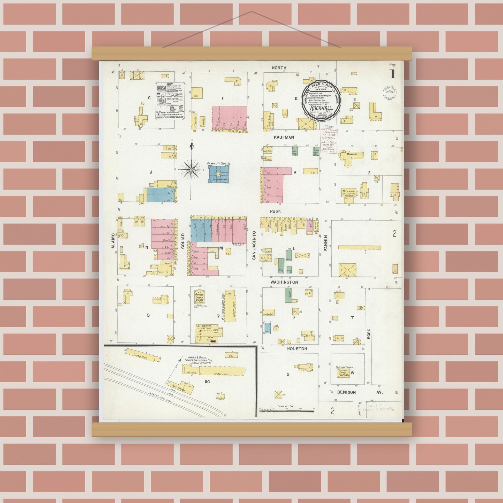 Old map wall art mockup — magnetic wood frame on brick wall — Sanborn Fire Insurance Map from Rockwall, Rockwall County, Texas (1900), Sheet #0001
