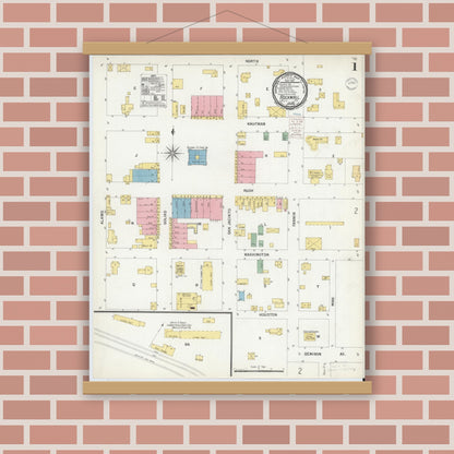 Old map wall art mockup — magnetic wood frame on brick wall — Sanborn Fire Insurance Map from Rockwall, Rockwall County, Texas (1900), Sheet #0001