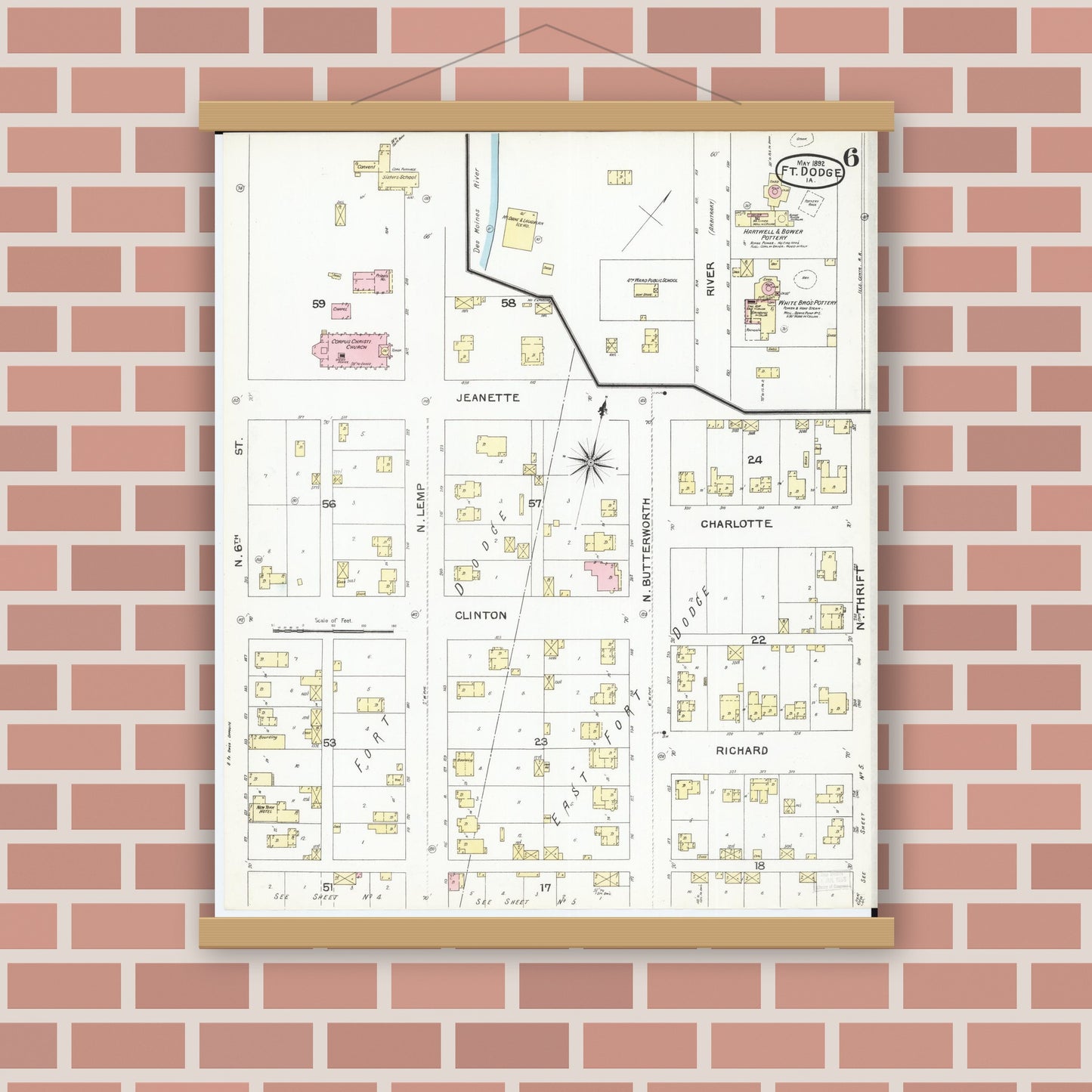 Old map wall art mockup — magnetic wood frame on brick wall — Sanborn Fire Insurance Map from Fort Dodge, Webster County, Iowa (1892), Sheet #0006