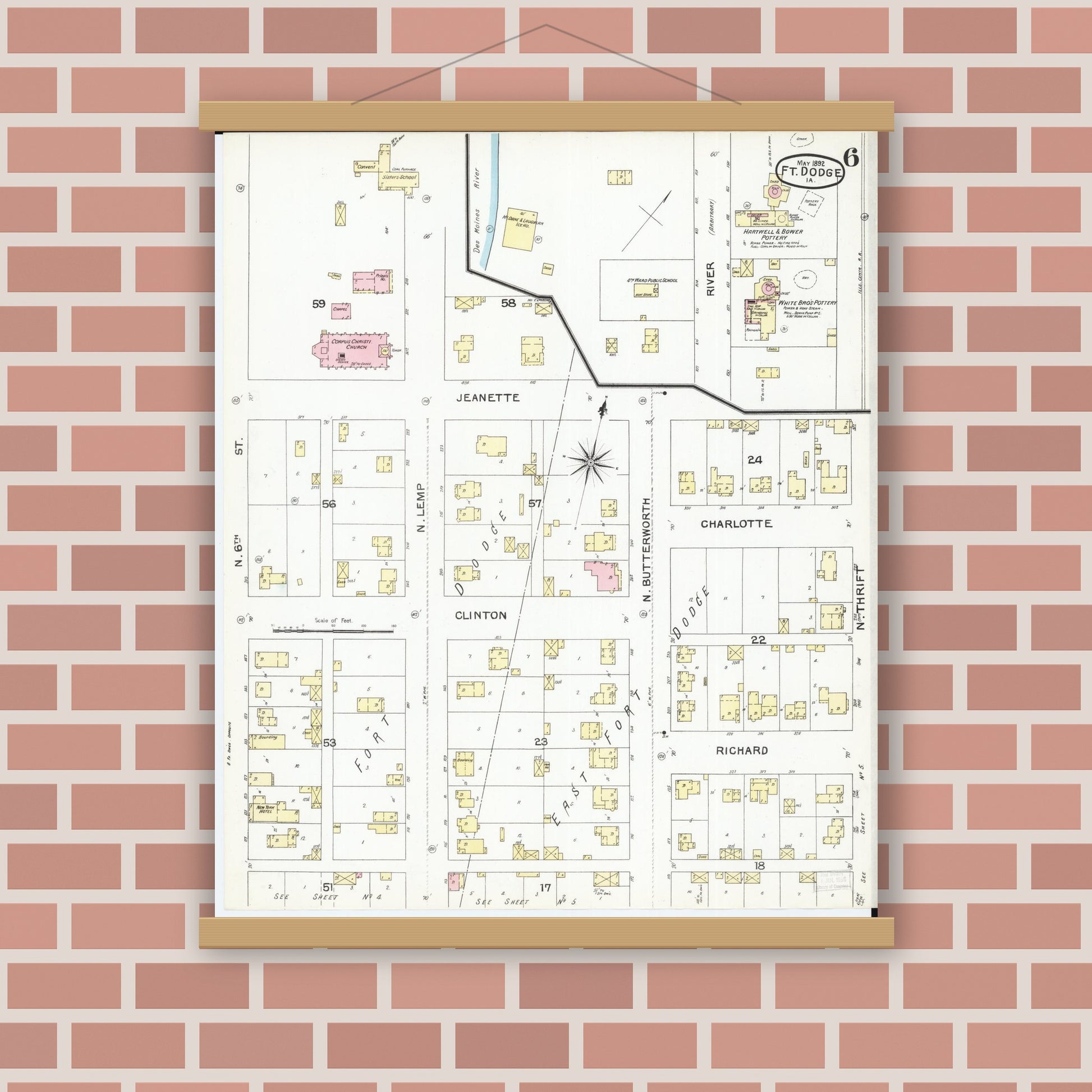 Old map wall art mockup — magnetic wood frame on brick wall — Sanborn Fire Insurance Map from Fort Dodge, Webster County, Iowa (1892), Sheet #0006