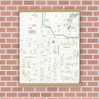 Old map wall art mockup — magnetic wood frame on brick wall — Sanborn Fire Insurance Map from Fort Dodge, Webster County, Iowa (1892), Sheet #0006