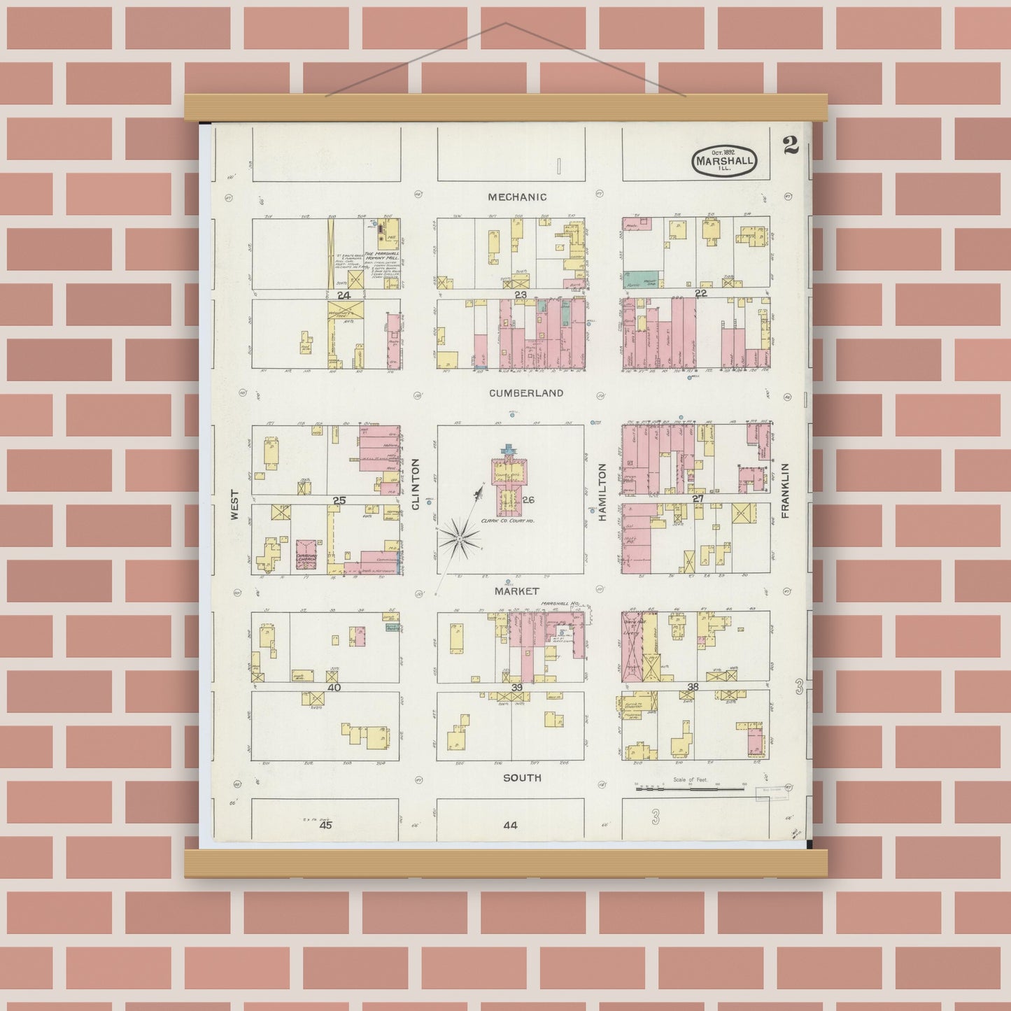 Old map wall art mockup — magnetic wood frame on brick wall — Sanborn Fire Insurance Map from Marshall, Clark County, Illinois (1892), Sheet #0002