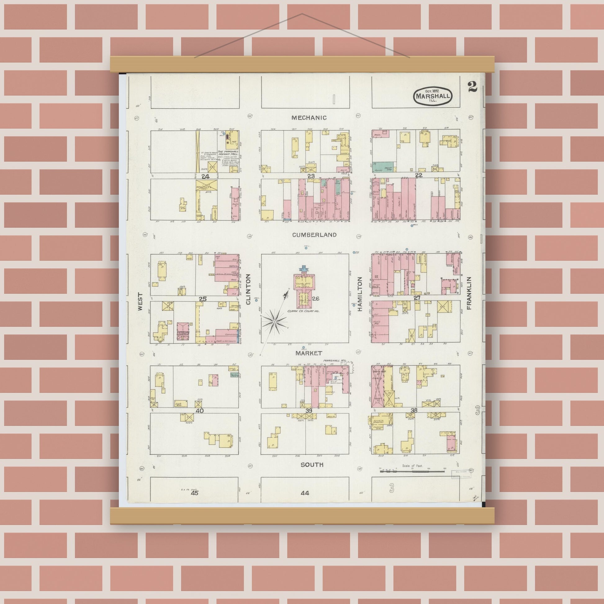 Old map wall art mockup — magnetic wood frame on brick wall — Sanborn Fire Insurance Map from Marshall, Clark County, Illinois (1892), Sheet #0002