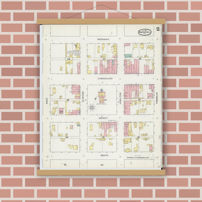 Old map wall art mockup — magnetic wood frame on brick wall — Sanborn Fire Insurance Map from Marshall, Clark County, Illinois (1892), Sheet #0002