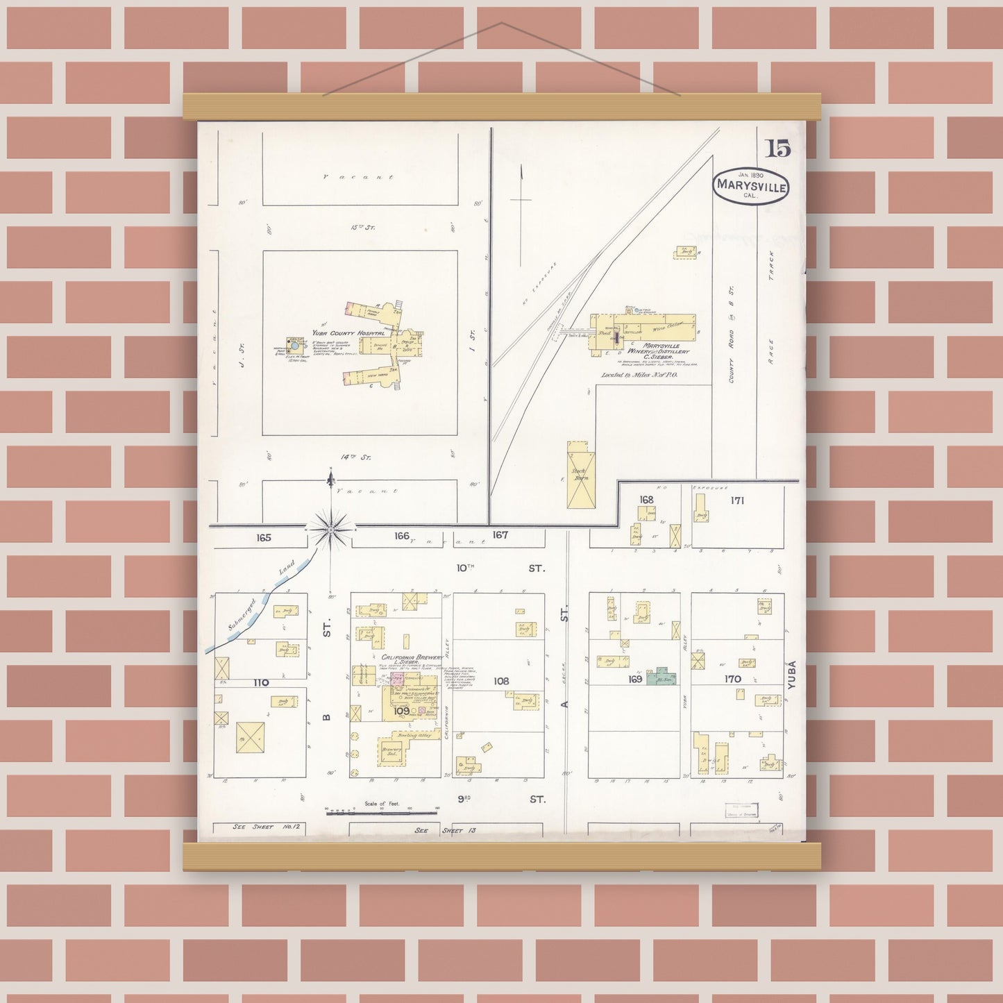 Old map wall art mockup — magnetic wood frame on brick wall — Sanborn Fire Insurance Map from Marysville, Yuba County, California (1890), Sheet #0015