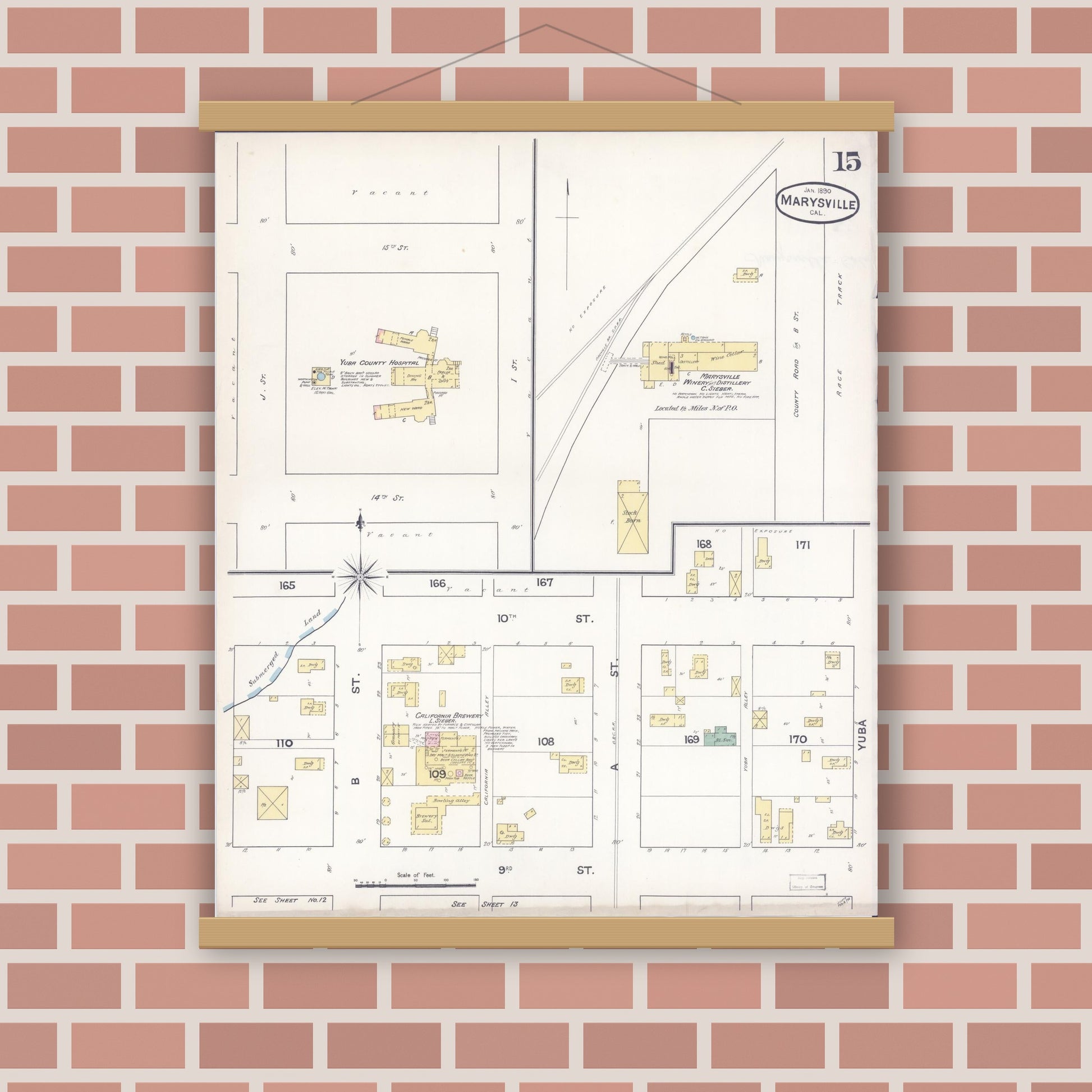 Old map wall art mockup — magnetic wood frame on brick wall — Sanborn Fire Insurance Map from Marysville, Yuba County, California (1890), Sheet #0015