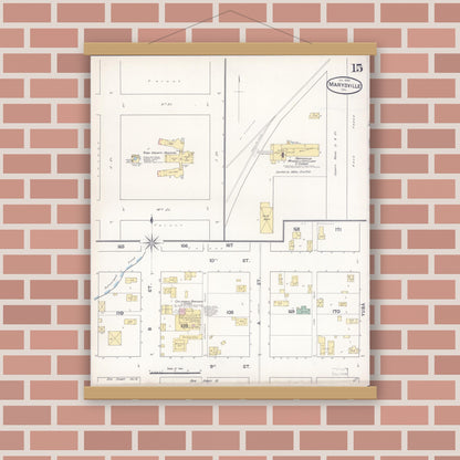 Old map wall art mockup — magnetic wood frame on brick wall — Sanborn Fire Insurance Map from Marysville, Yuba County, California (1890), Sheet #0015