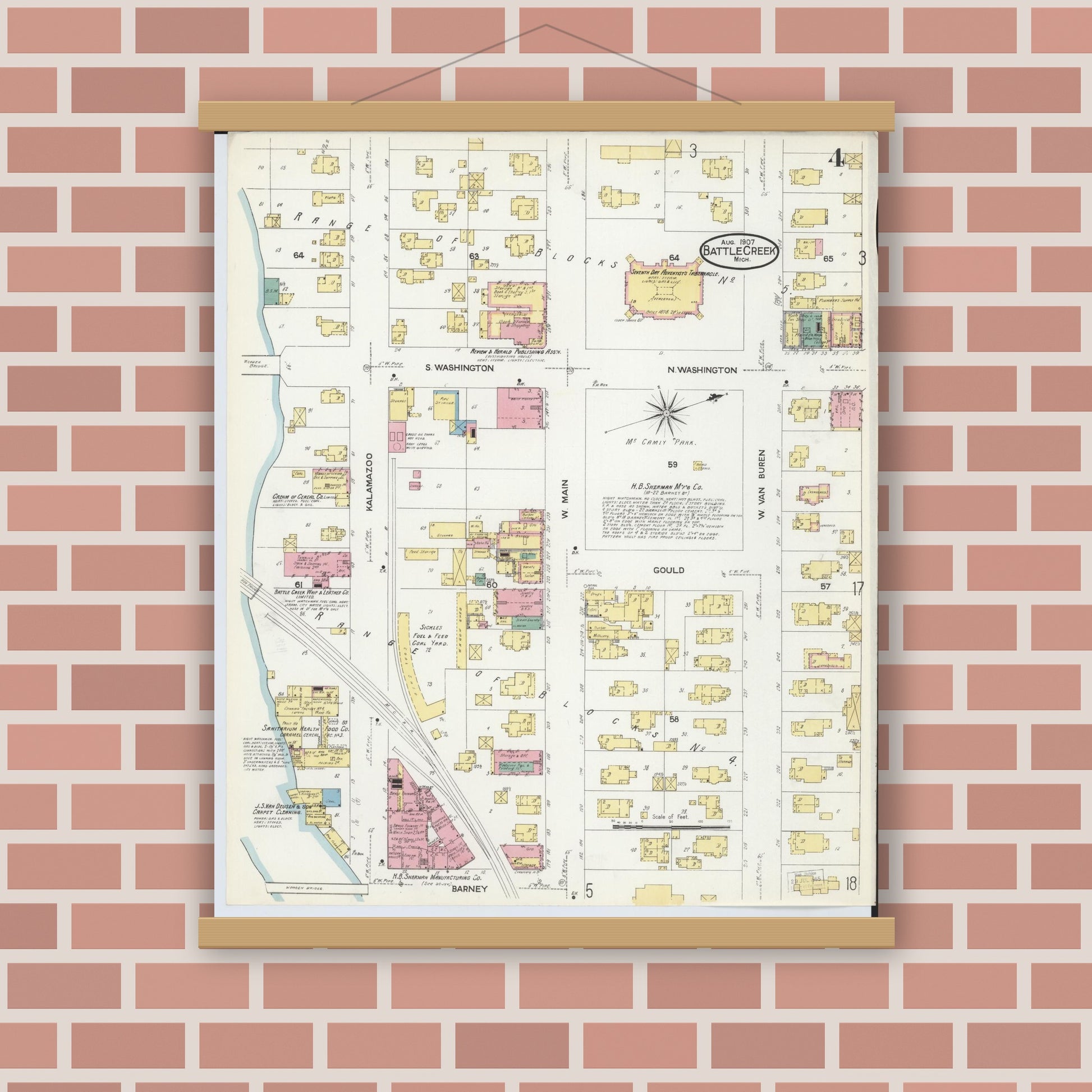 Old map wall art mockup — magnetic wood frame on brick wall — Sanborn Fire Insurance Map from Battle Creek, Calhoun County, Michigan (1907), Sheet #0004