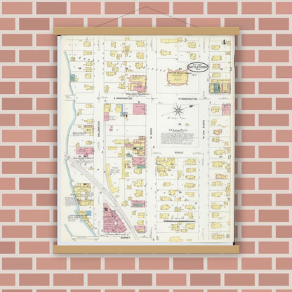 Old map wall art mockup — magnetic wood frame on brick wall — Sanborn Fire Insurance Map from Battle Creek, Calhoun County, Michigan (1907), Sheet #0004