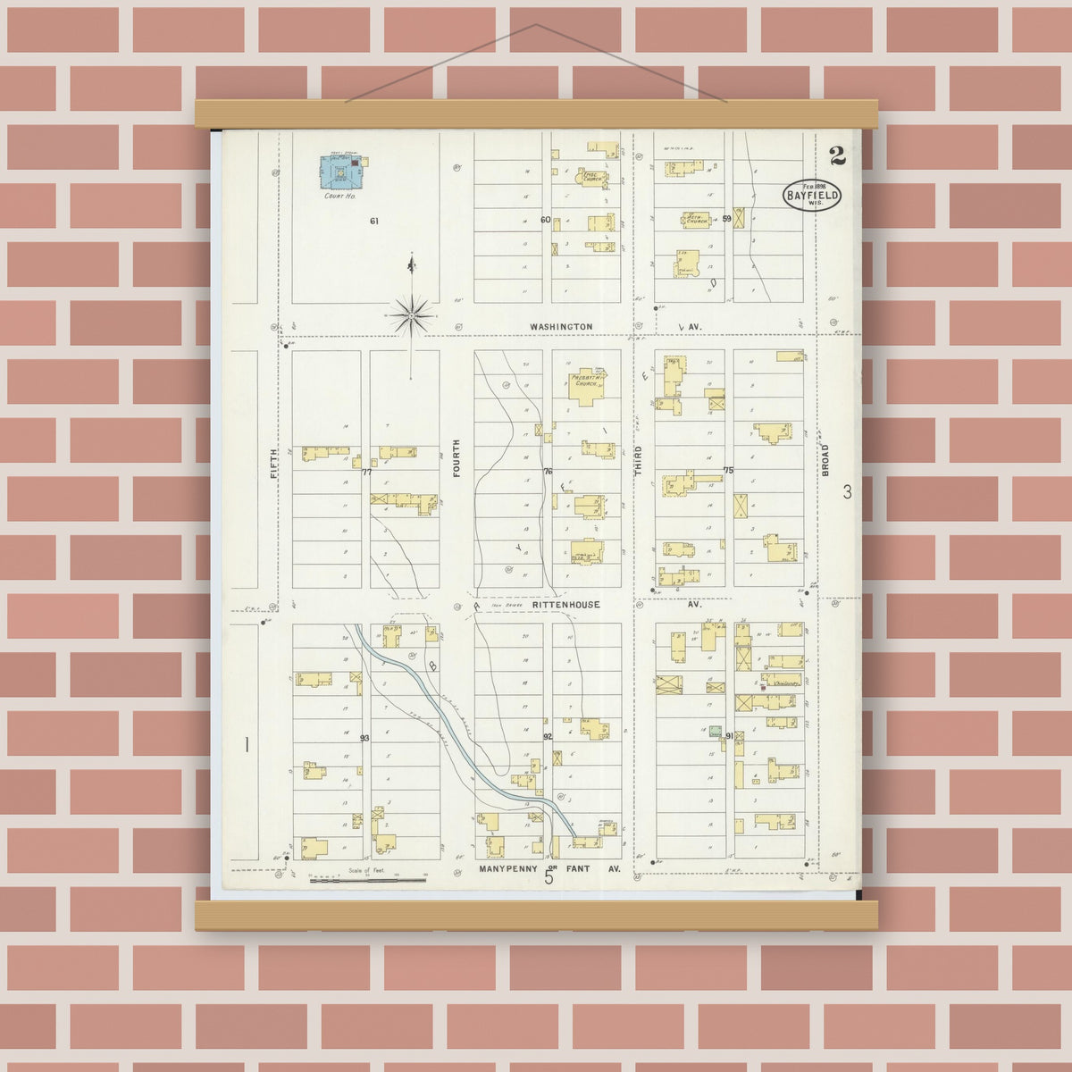 Old map wall art mockup — magnetic wood frame on brick wall — Sanborn Fire Insurance Map from Bayfield, Bayfield County, Wisconsin (1898), Sheet #0002