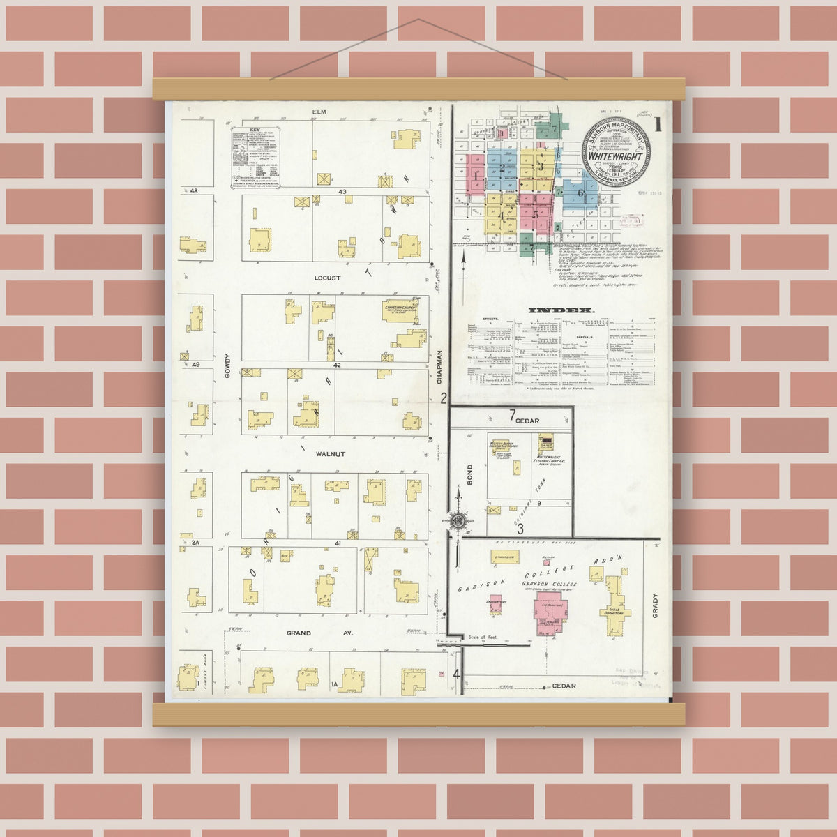 Old map wall art mockup — magnetic wood frame on brick wall — Sanborn Fire Insurance Map from Whitewright, Grayson County, Texas (1911), Sheet #0001