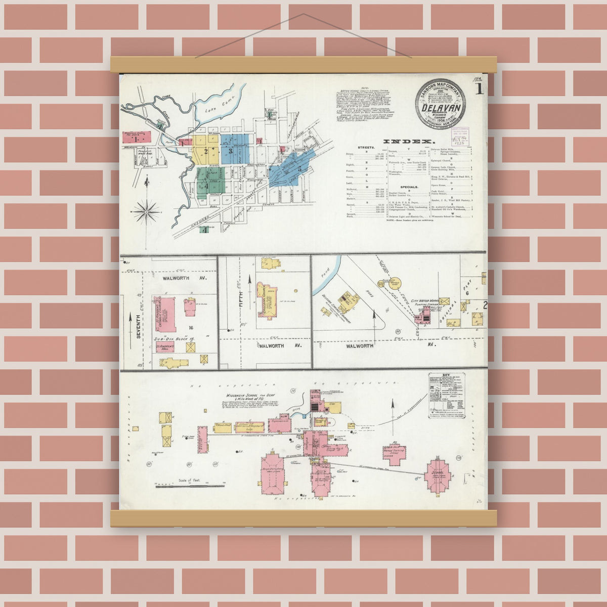 Old map wall art mockup — magnetic wood frame on brick wall — Sanborn Fire Insurance Map from Delavan, Walworth County, Wisconsin (1904), Sheet #0001