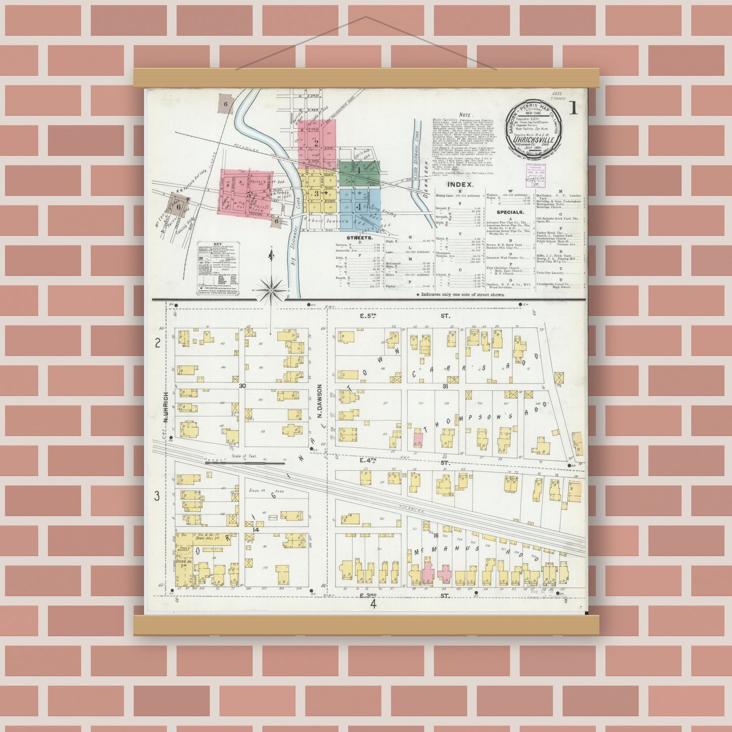Old map wall art mockup — magnetic wood frame on brick wall — Sanborn Fire Insurance Map from Uhrichsville, Tuscarawas County, Ohio (1901) - Complete Map Set