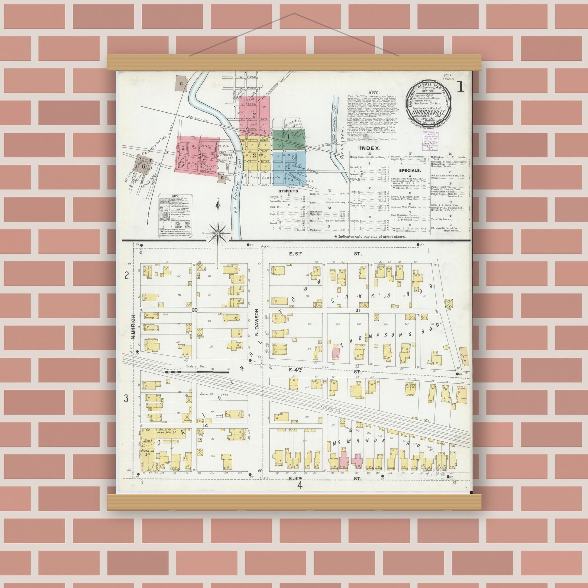 Old map wall art mockup — magnetic wood frame on brick wall — Sanborn Fire Insurance Map from Uhrichsville, Tuscarawas County, Ohio (1901) - Complete Map Set
