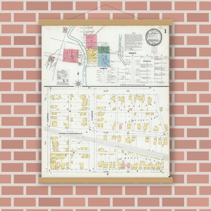 Old map wall art mockup — magnetic wood frame on brick wall — Sanborn Fire Insurance Map from Uhrichsville, Tuscarawas County, Ohio (1901) - Complete Map Set
