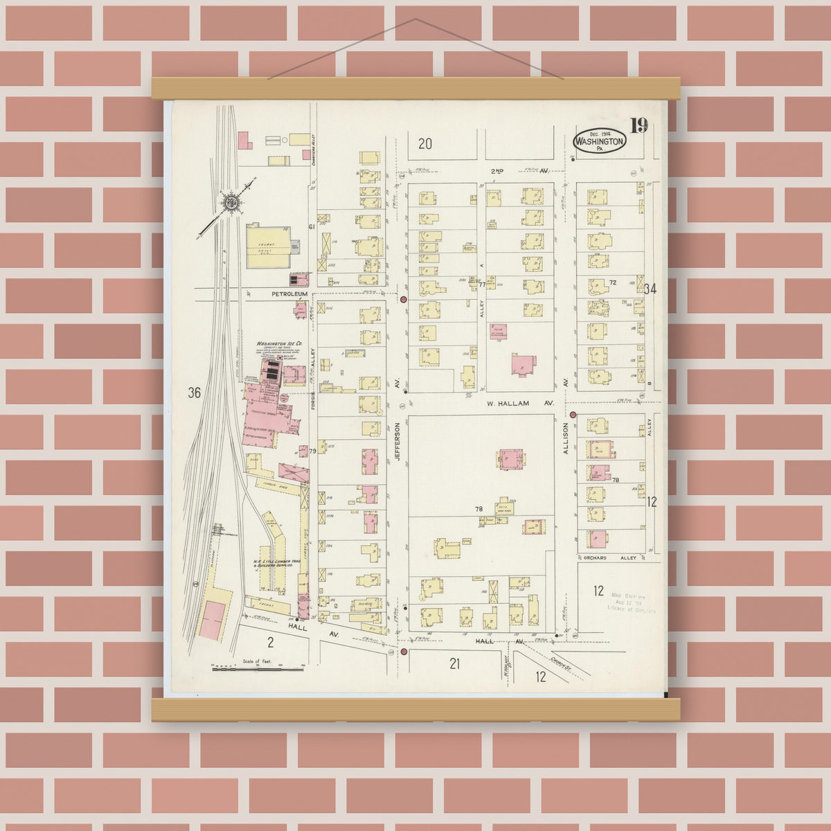 Old map wall art mockup — magnetic wood frame on brick wall — Sanborn Fire Insurance Map from Washington, Washington County, Pennsylvania (1914), Sheet #0019