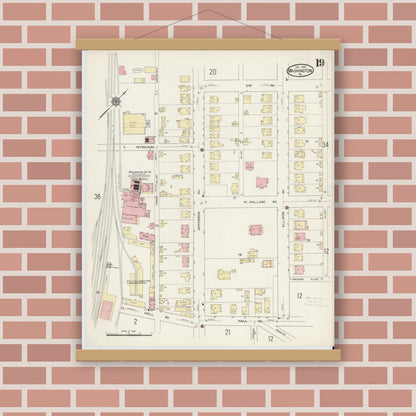 Old map wall art mockup — magnetic wood frame on brick wall — Sanborn Fire Insurance Map from Washington, Washington County, Pennsylvania (1914), Sheet #0019