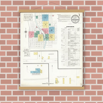 Old map wall art mockup — magnetic wood frame on brick wall — Sanborn Fire Insurance Map from Independence, Buchanan County, Iowa (1913) â€” Complete Set