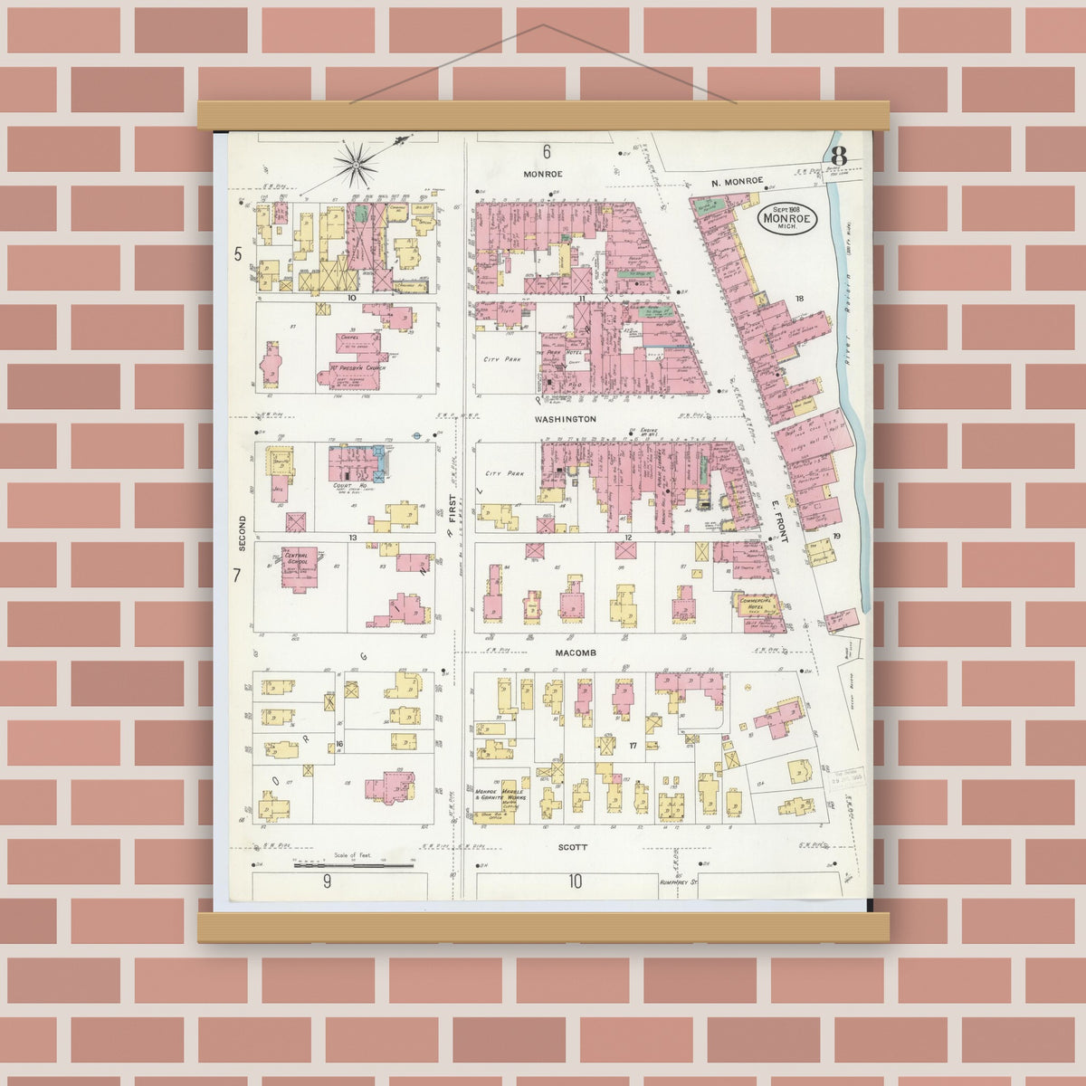 Old map wall art mockup — magnetic wood frame on brick wall — Sanborn Fire Insurance Map from Monroe, Monroe County, Michigan (1908), Sheet #0008