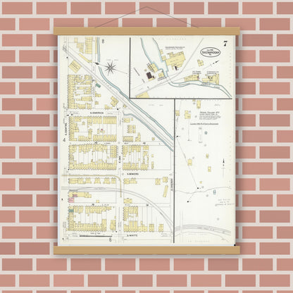 Old map wall art mockup — magnetic wood frame on brick wall — Sanborn Fire Insurance Map from Shenandoah, Schuylkill County, Pennsylvania (1908), Sheet #0007