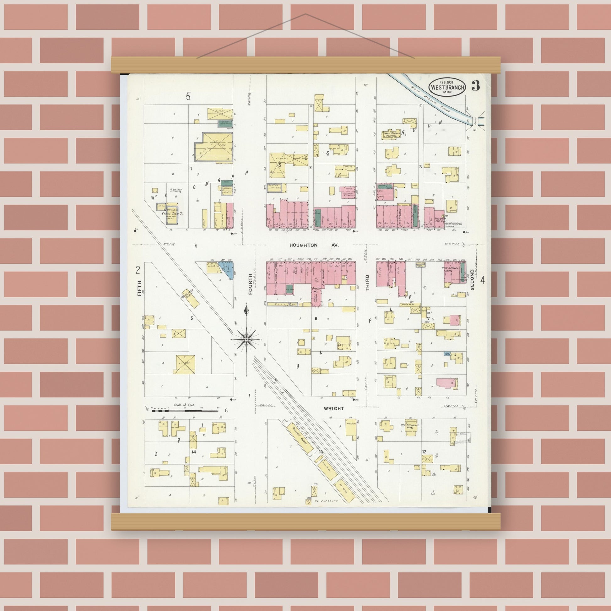 Old map wall art mockup — magnetic wood frame on brick wall — Sanborn Fire Insurance Map from West Branch, Ogemaw County, Michigan (1909), Sheet #0003