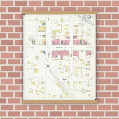 Old map wall art mockup — magnetic wood frame on brick wall — Sanborn Fire Insurance Map from West Branch, Ogemaw County, Michigan (1909), Sheet #0003