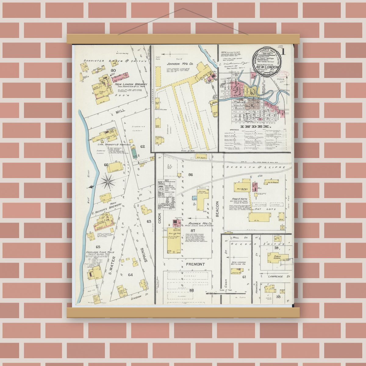 Old map wall art mockup — magnetic wood frame on brick wall — Sanborn Fire Insurance Map from New London, Waupaca and Outagamie Counties, Wisconsin (1892), Sheet #0001