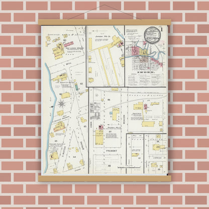 Old map wall art mockup — magnetic wood frame on brick wall — Sanborn Fire Insurance Map from New London, Waupaca and Outagamie Counties, Wisconsin (1892), Sheet #0001