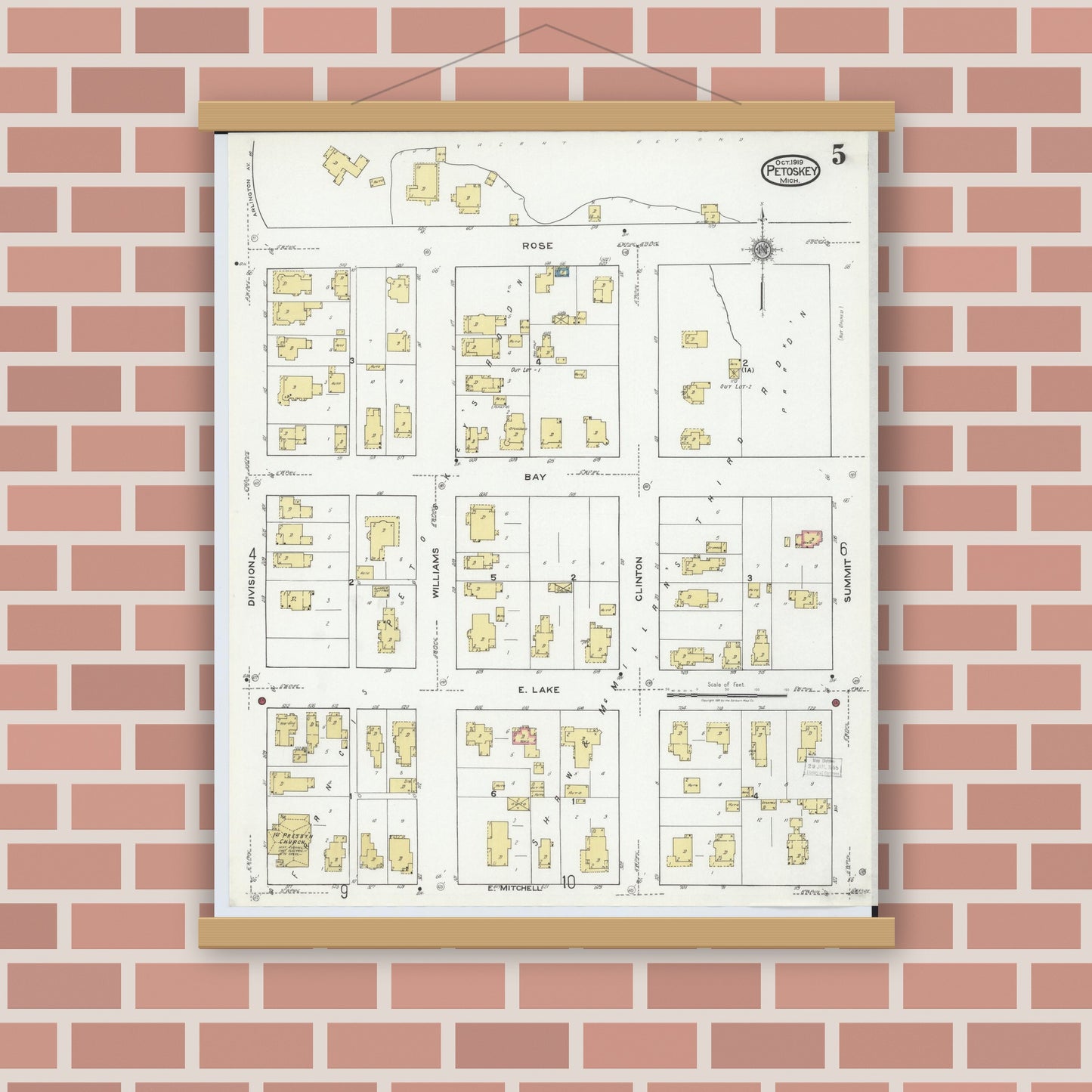 Old map wall art mockup — magnetic wood frame on brick wall — Sanborn Fire Insurance Map from Petoskey, Emmet County, Michigan (1919), Sheet #0005