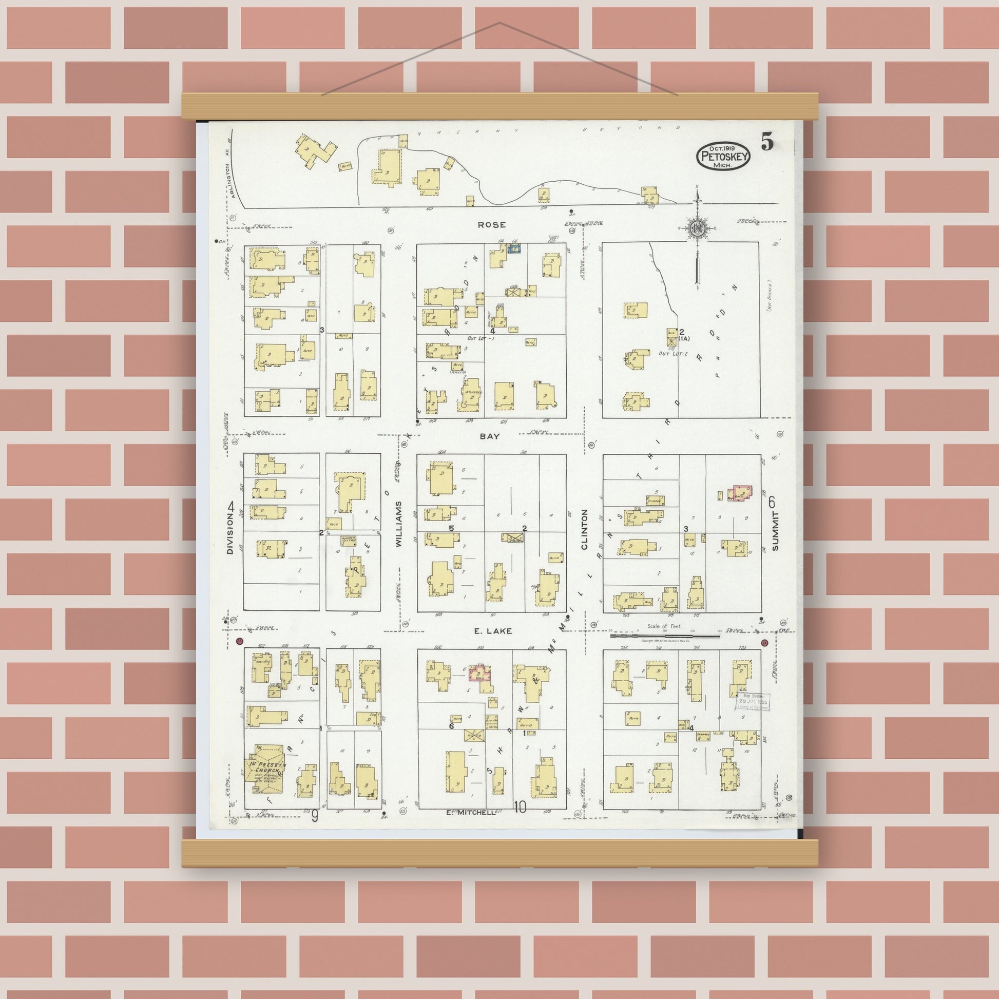 Old map wall art mockup — magnetic wood frame on brick wall — Sanborn Fire Insurance Map from Petoskey, Emmet County, Michigan (1919), Sheet #0005