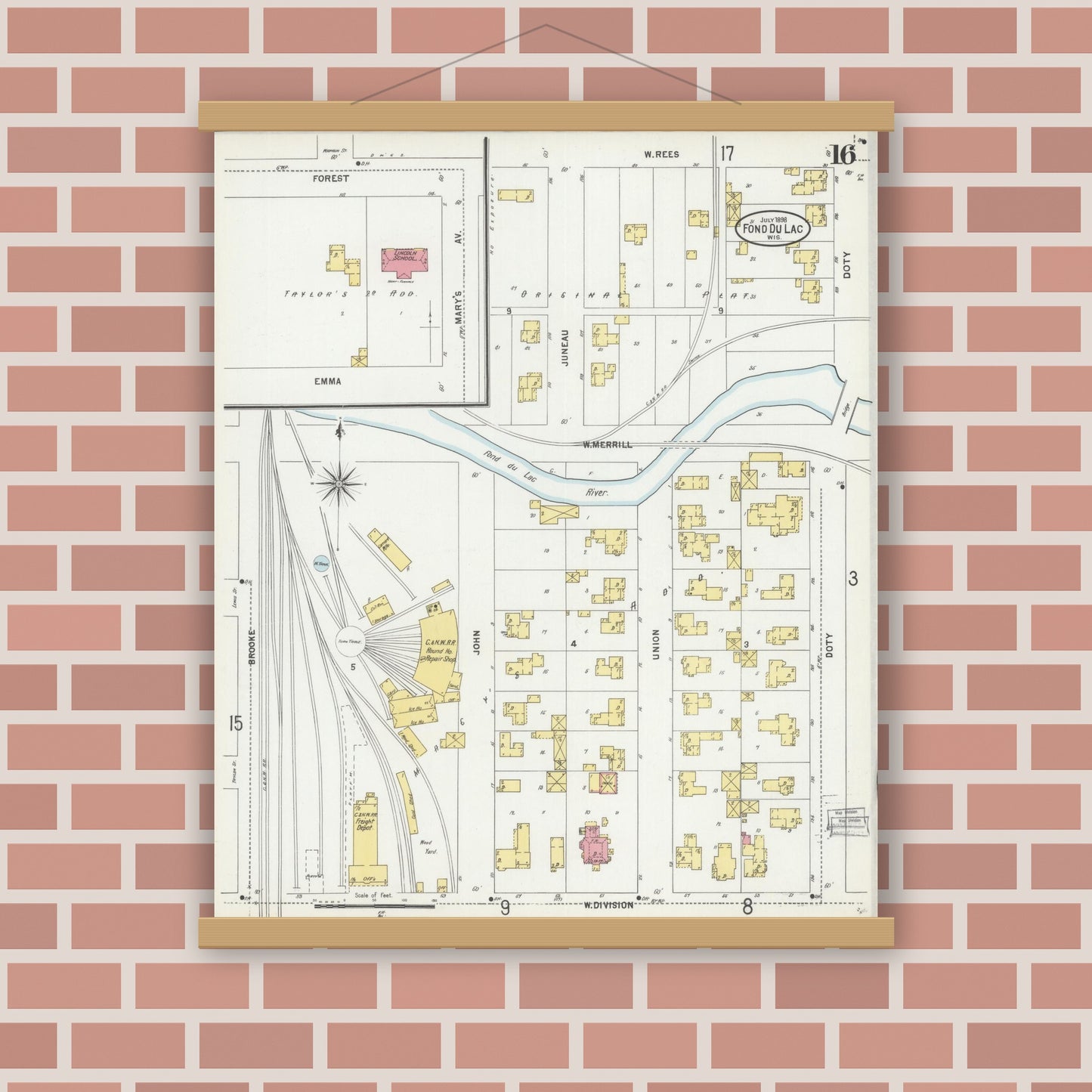 Old map wall art mockup — magnetic wood frame on brick wall — Sanborn Fire Insurance Map from Fond du Lac, Fond du Lac County, Wisconsin (1898), Sheet #0016