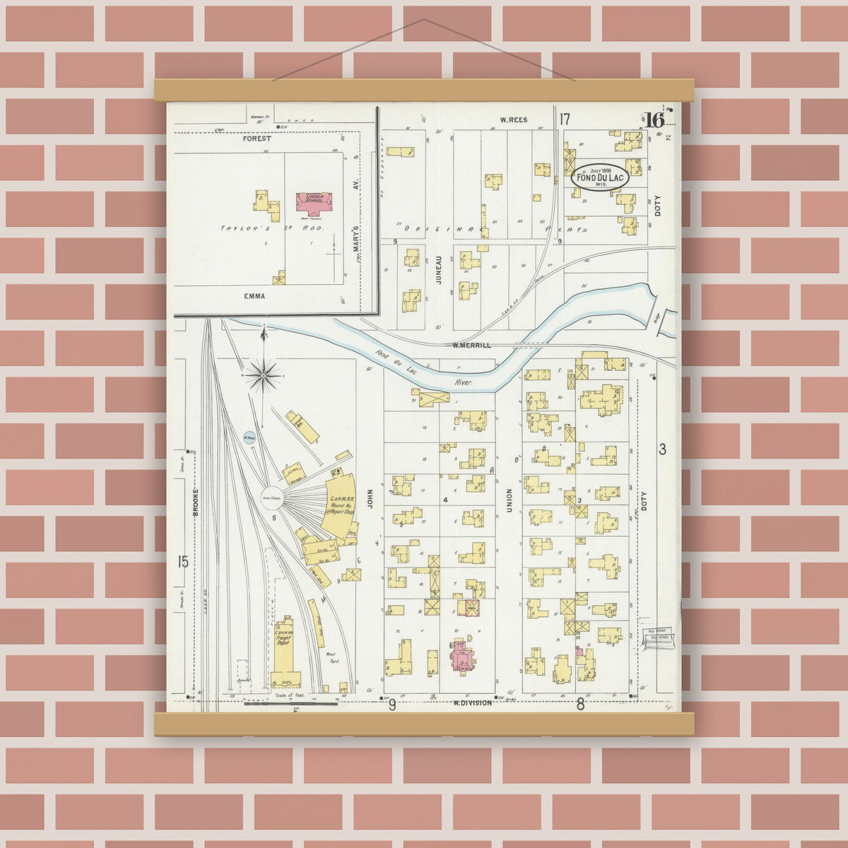 Old map wall art mockup — magnetic wood frame on brick wall — Sanborn Fire Insurance Map from Fond du Lac, Fond du Lac County, Wisconsin (1898), Sheet #0016
