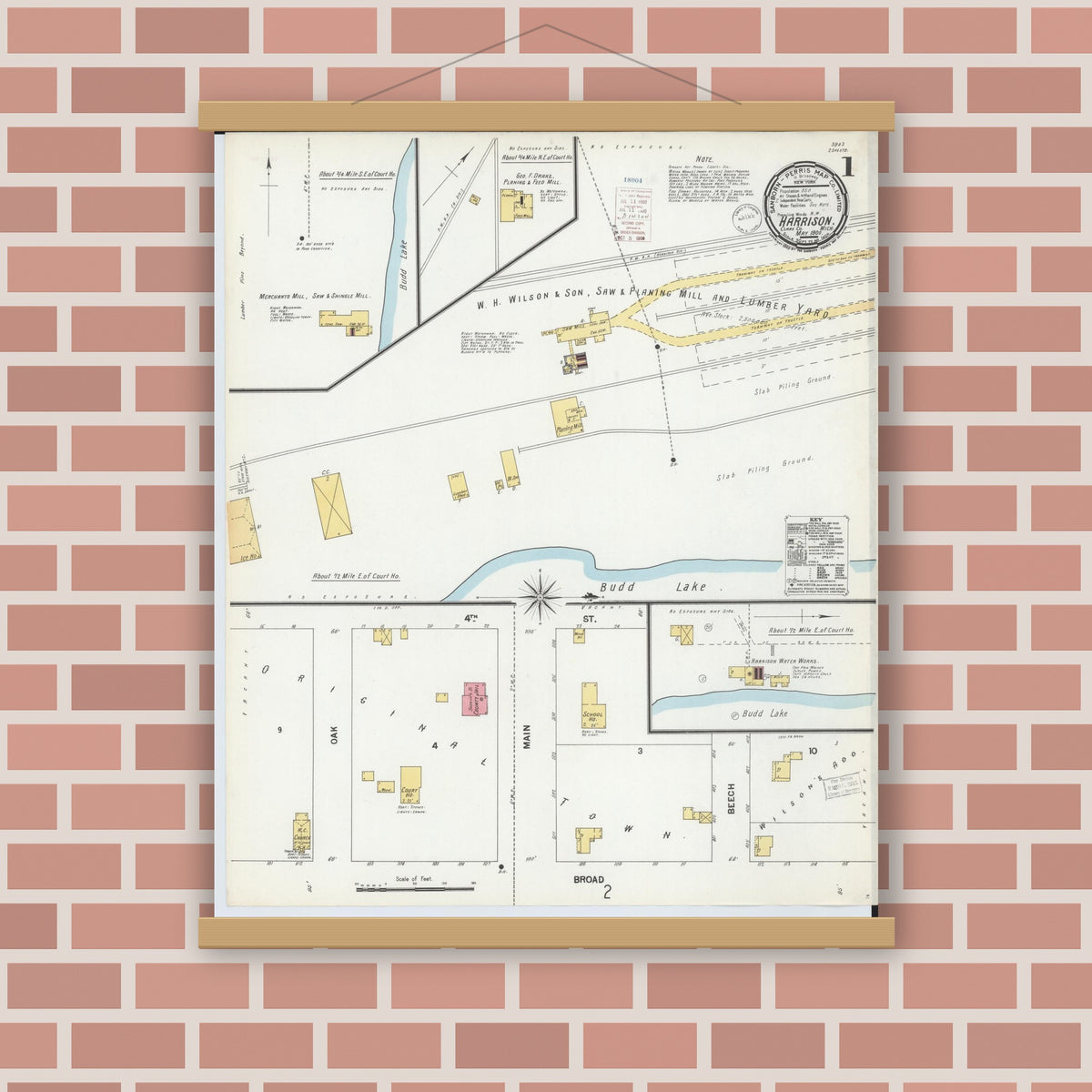 Old map wall art mockup — magnetic wood frame on brick wall — Sanborn Fire Insurance Map from Harrison, Clare County, Michigan (1900), Sheet #0001
