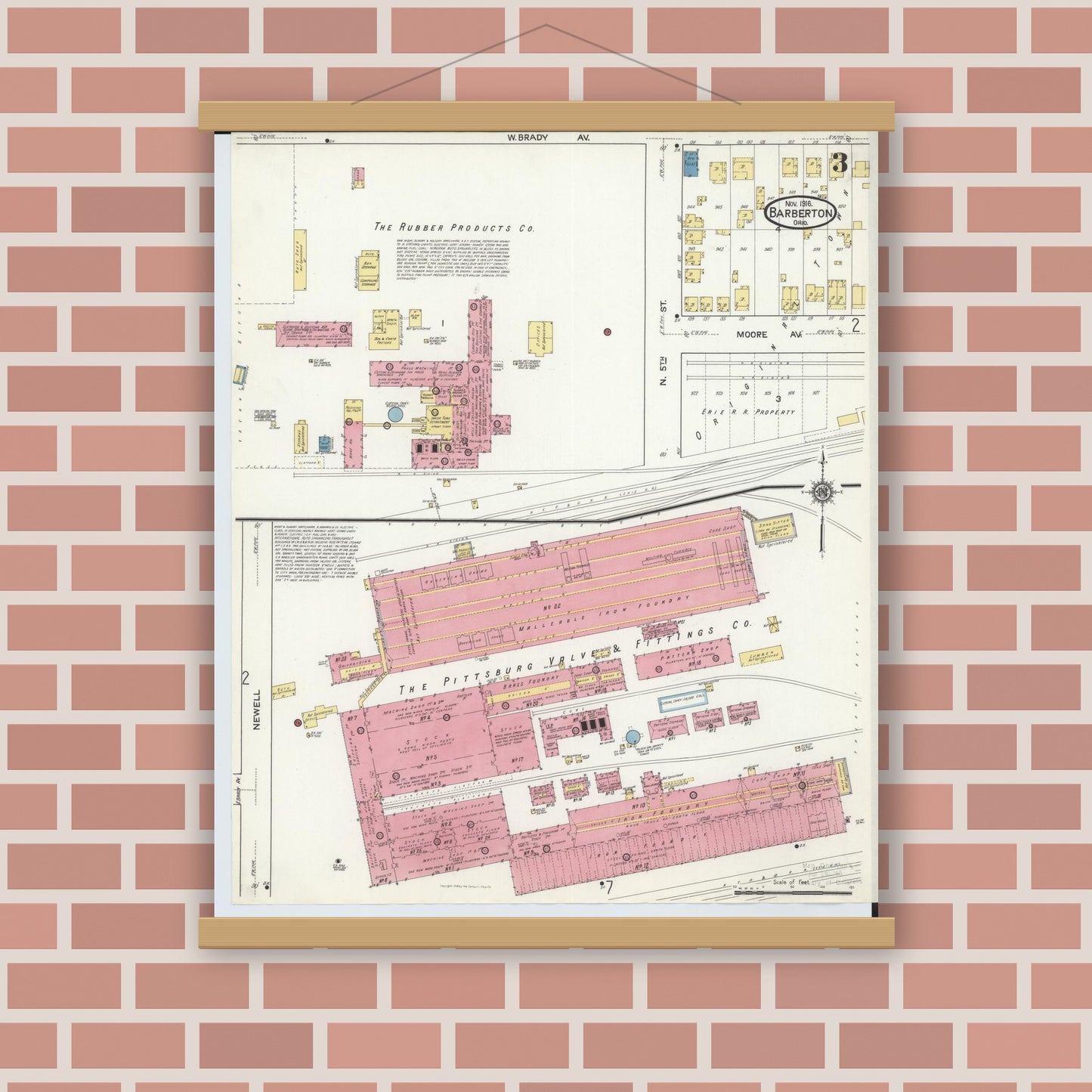 Old map wall art mockup — magnetic wood frame on brick wall — Sanborn Fire Insurance Map from Barberton, Summit County, Ohio (1916), Sheet #0003