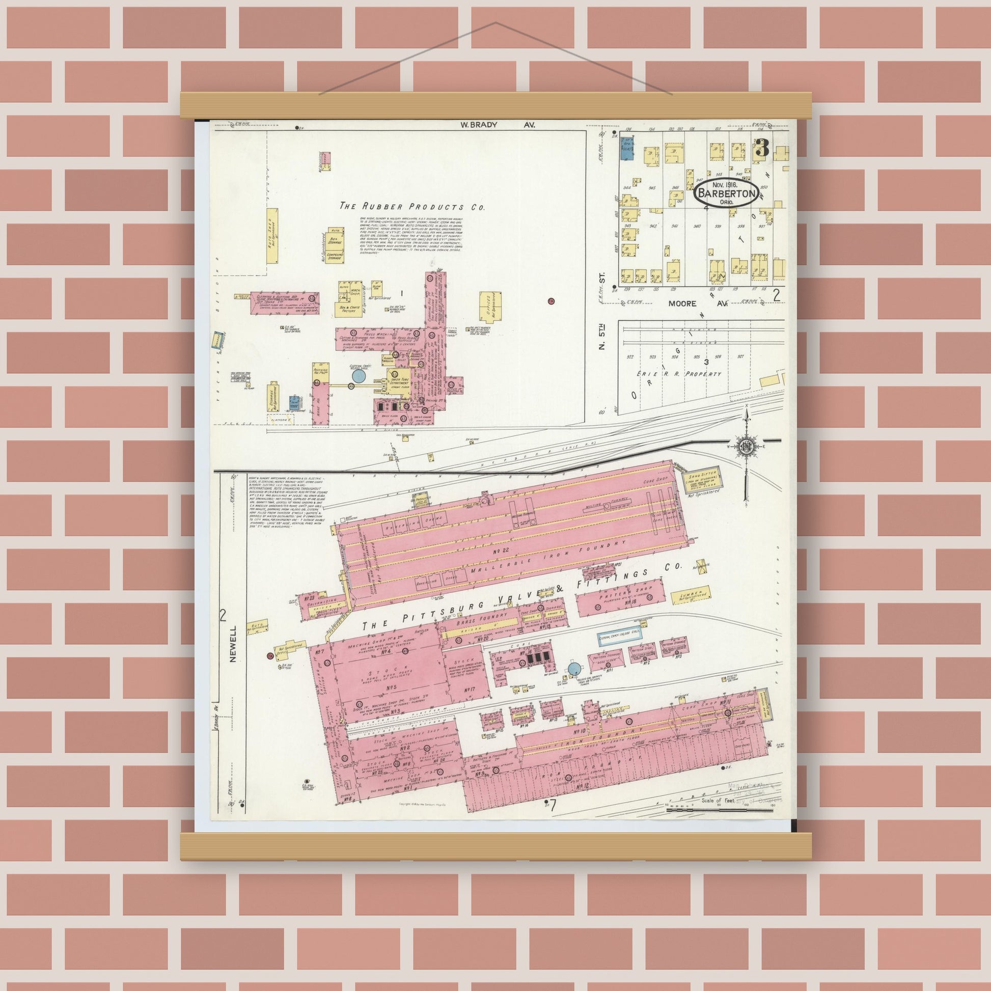 Old map wall art mockup — magnetic wood frame on brick wall — Sanborn Fire Insurance Map from Barberton, Summit County, Ohio (1916), Sheet #0003