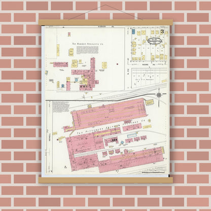 Old map wall art mockup — magnetic wood frame on brick wall — Sanborn Fire Insurance Map from Barberton, Summit County, Ohio (1916), Sheet #0003