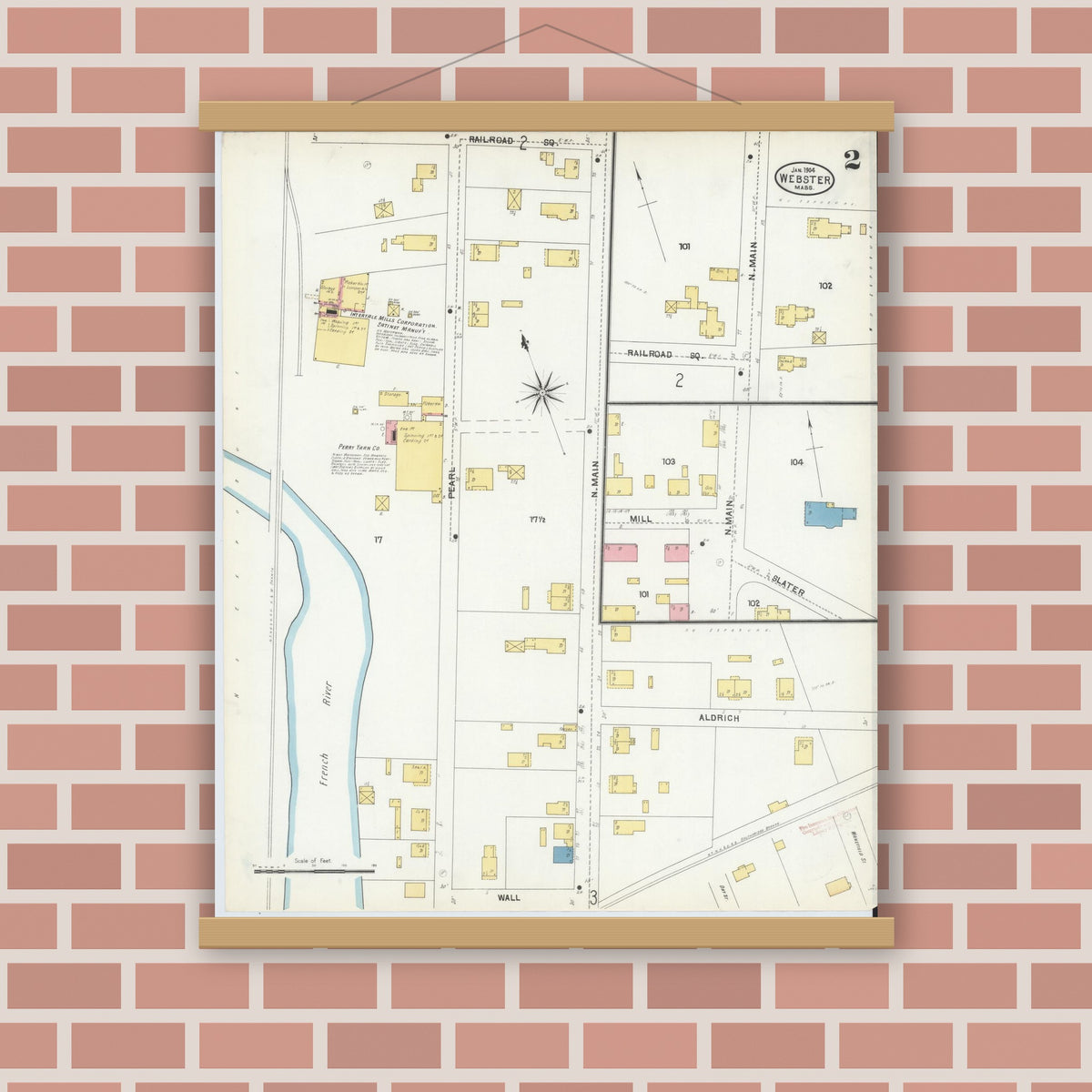 Old map wall art mockup — magnetic wood frame on brick wall — Sanborn Fire Insurance Map from Webster, Worcester County, Massachusetts (1904), Sheet #0002