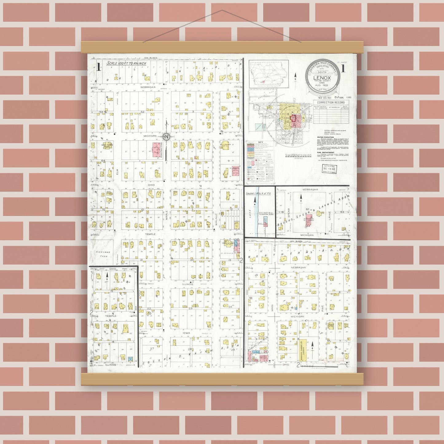 Old map wall art mockup — magnetic wood frame on brick wall — Sanborn Fire Insurance Map from Lenox, Taylor County, Iowa (1933), Sheet #0001