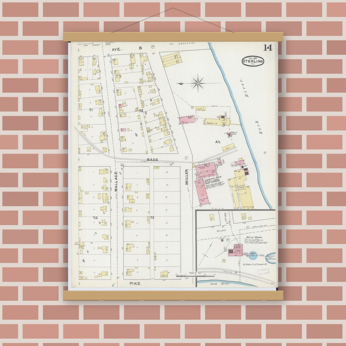 Old map wall art mockup — magnetic wood frame on brick wall — Sanborn Fire Insurance Map from Sterling, Whiteside County, Illinois (1891), Sheet #0014