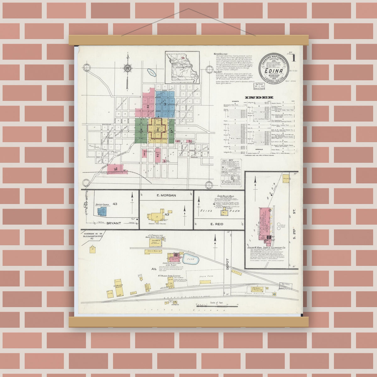 Old map wall art mockup — magnetic wood frame on brick wall — Sanborn Fire Insurance Map from Edina, Knox County, Missouri (1916) - Complete Map Set