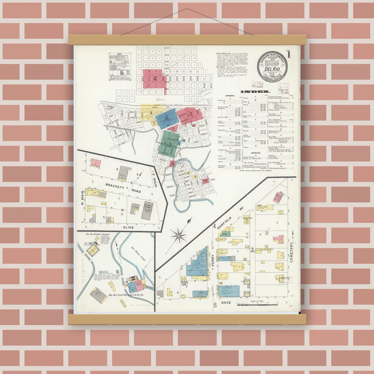 Old map wall art mockup — magnetic wood frame on brick wall — Sanborn Fire Insurance Map from Del Rio, Val Verde County, Texas (1909) - Complete Map Set