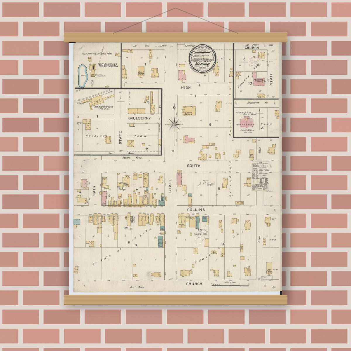 Old map wall art mockup — magnetic wood frame on brick wall — Sanborn Fire Insurance Map from Mendon, Adams County, Illinois (1893), Sheet #0001