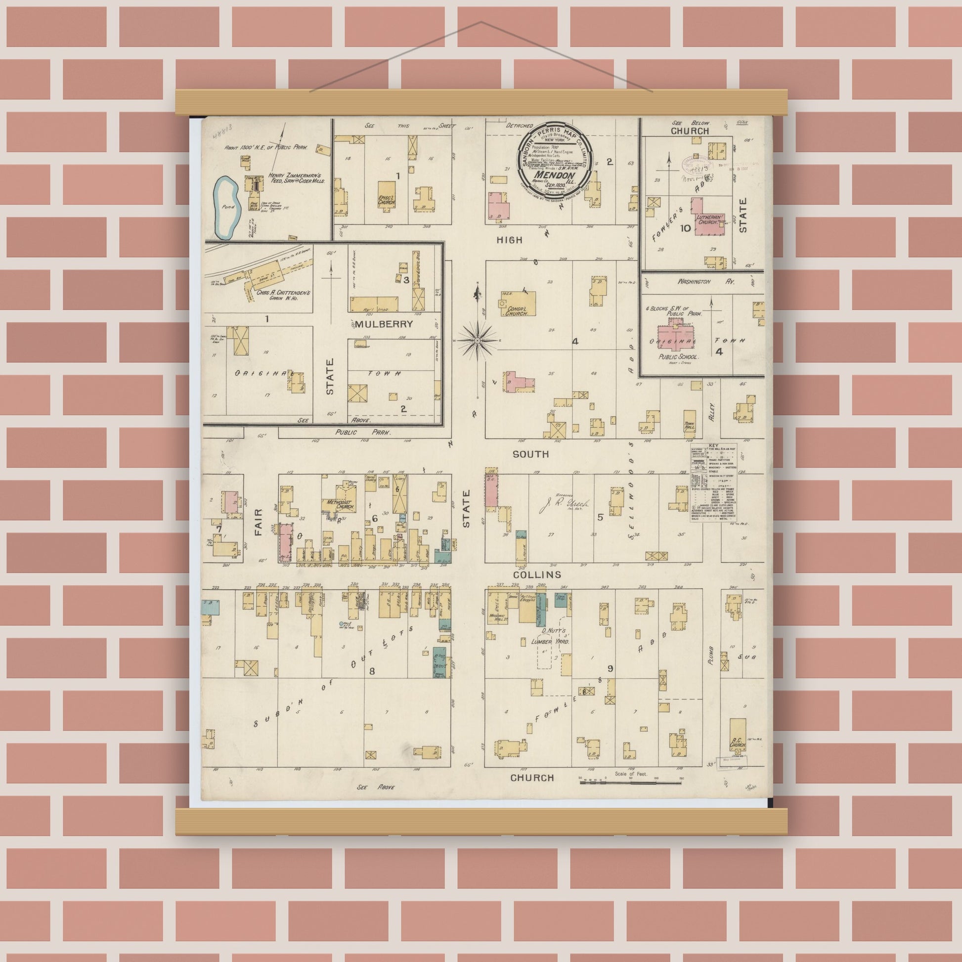 Old map wall art mockup — magnetic wood frame on brick wall — Sanborn Fire Insurance Map from Mendon, Adams County, Illinois (1893), Sheet #0001