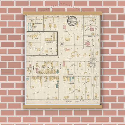 Old map wall art mockup — magnetic wood frame on brick wall — Sanborn Fire Insurance Map from Mendon, Adams County, Illinois (1893), Sheet #0001