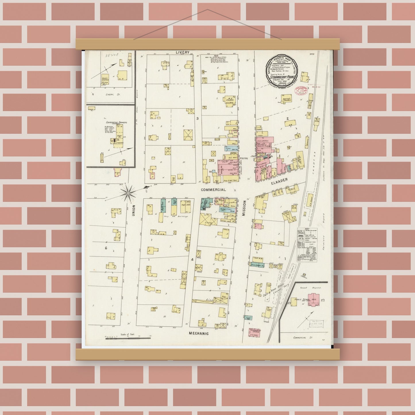 Old map wall art mockup — magnetic wood frame on brick wall — Sanborn Fire Insurance Map from Strawberry Point, Clayton County, Iowa (1895), Sheet #0001